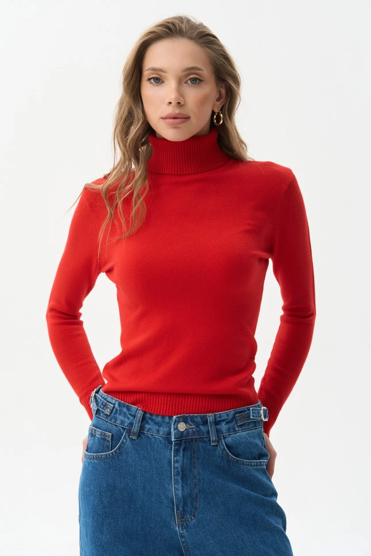 Red Basic Knit Turtleneck Sweater