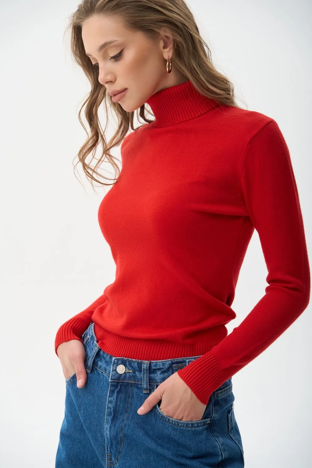 Red Basic Knit Turtleneck Sweater