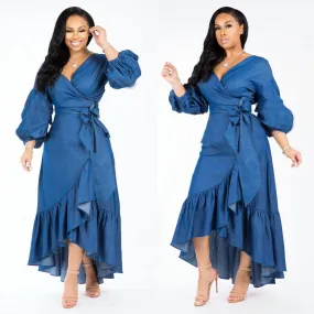 Ruffle Bow Tie V-Neck Belt Loose Swing Denim Dresses