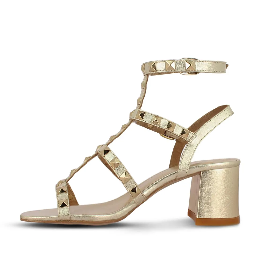 Saint Angela Gold Leather Metal Studded Block Heels