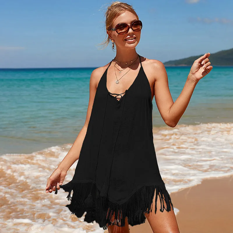 Seaside Vacation Pullover, Solid Color Suspender, Beach Sun Protection Suit, Backless Tassel Bikini Cover Up Dress