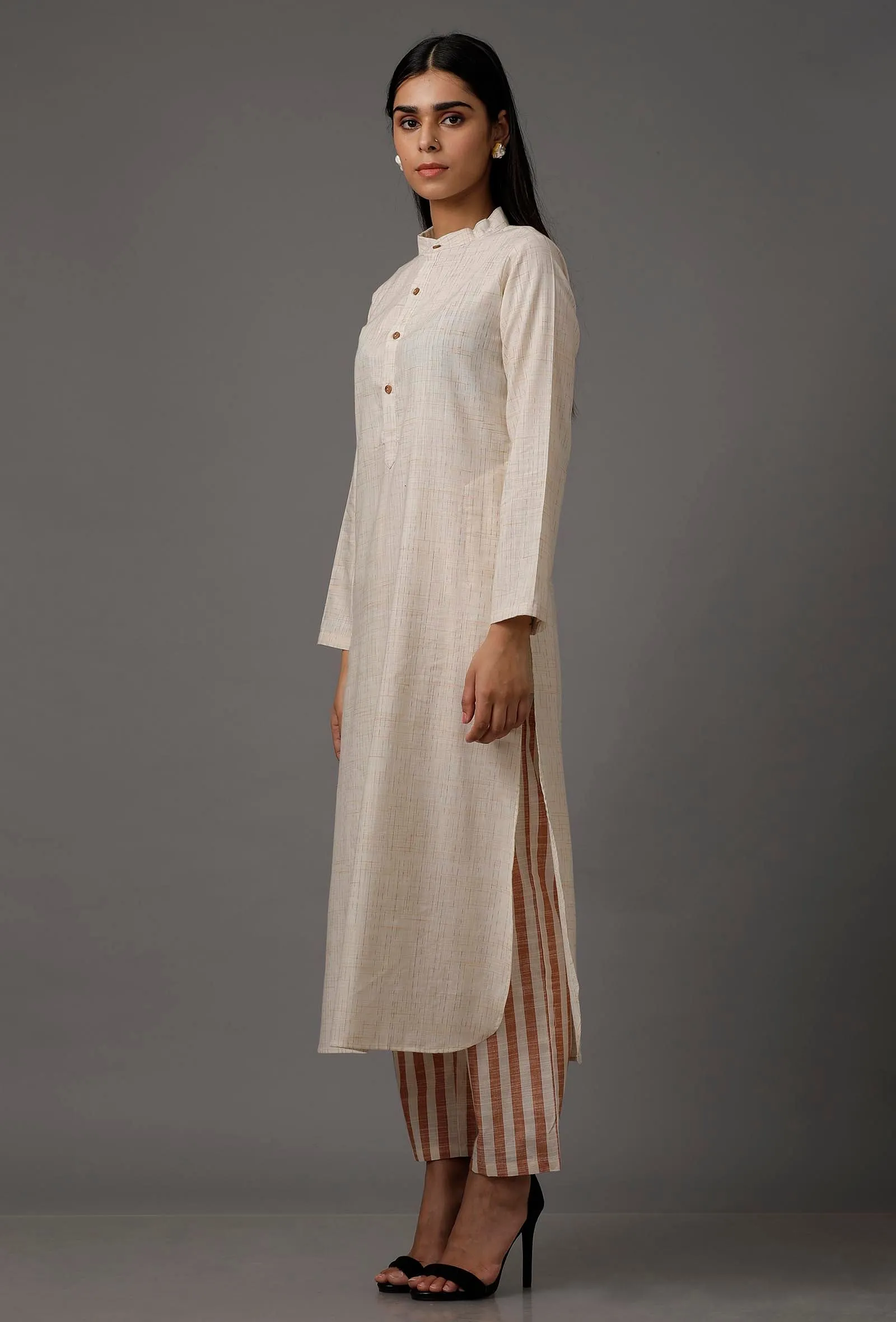 Set of 2: White Pure Woven Cotton Kurta and Stripe Pants