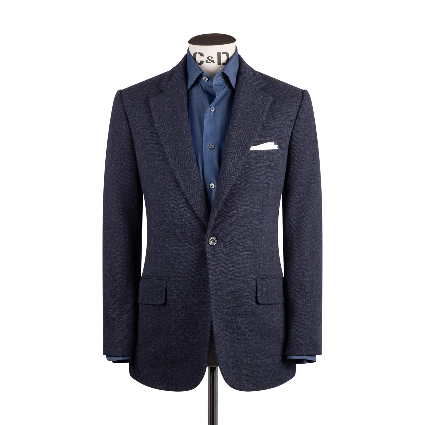 Single Breasted Notch Lapel Jacket in Mid Blue Herringbone