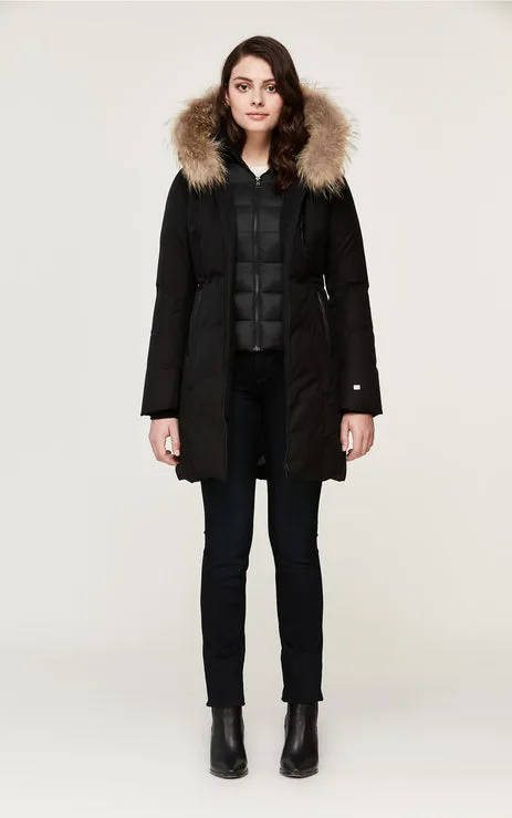 SOIA & KYO WOMENS CHRISTY BRUSHED DOWN COAT WITH NATURAL FUR BLACK