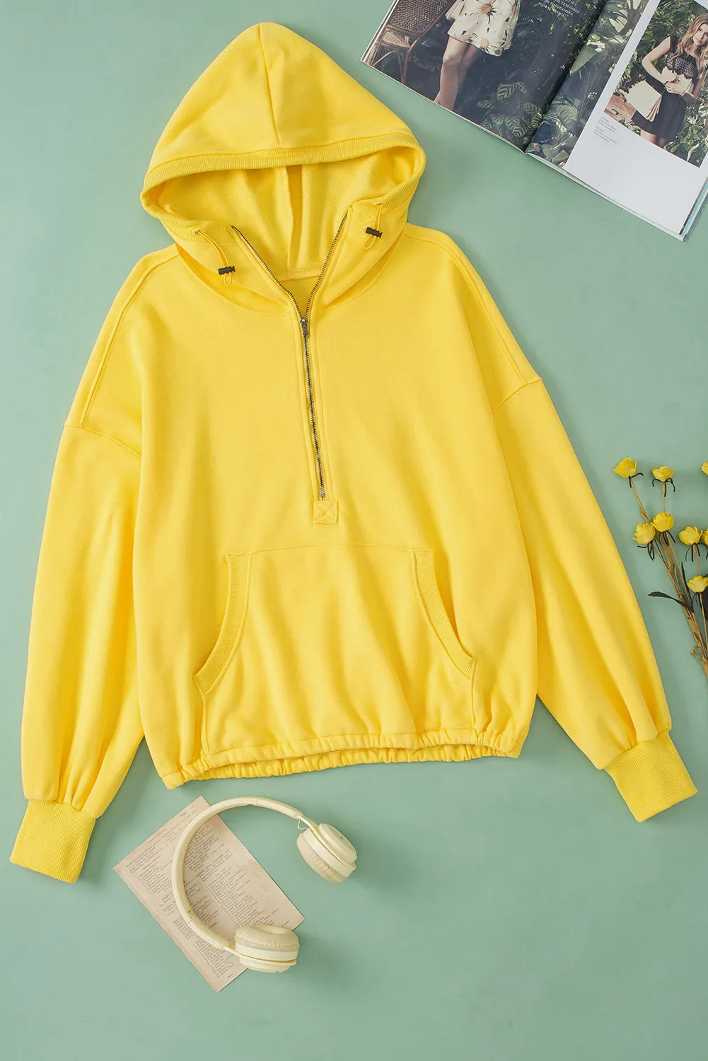 Solid Color Half Zip Pullover Hoodie with Kangaroo Pocket