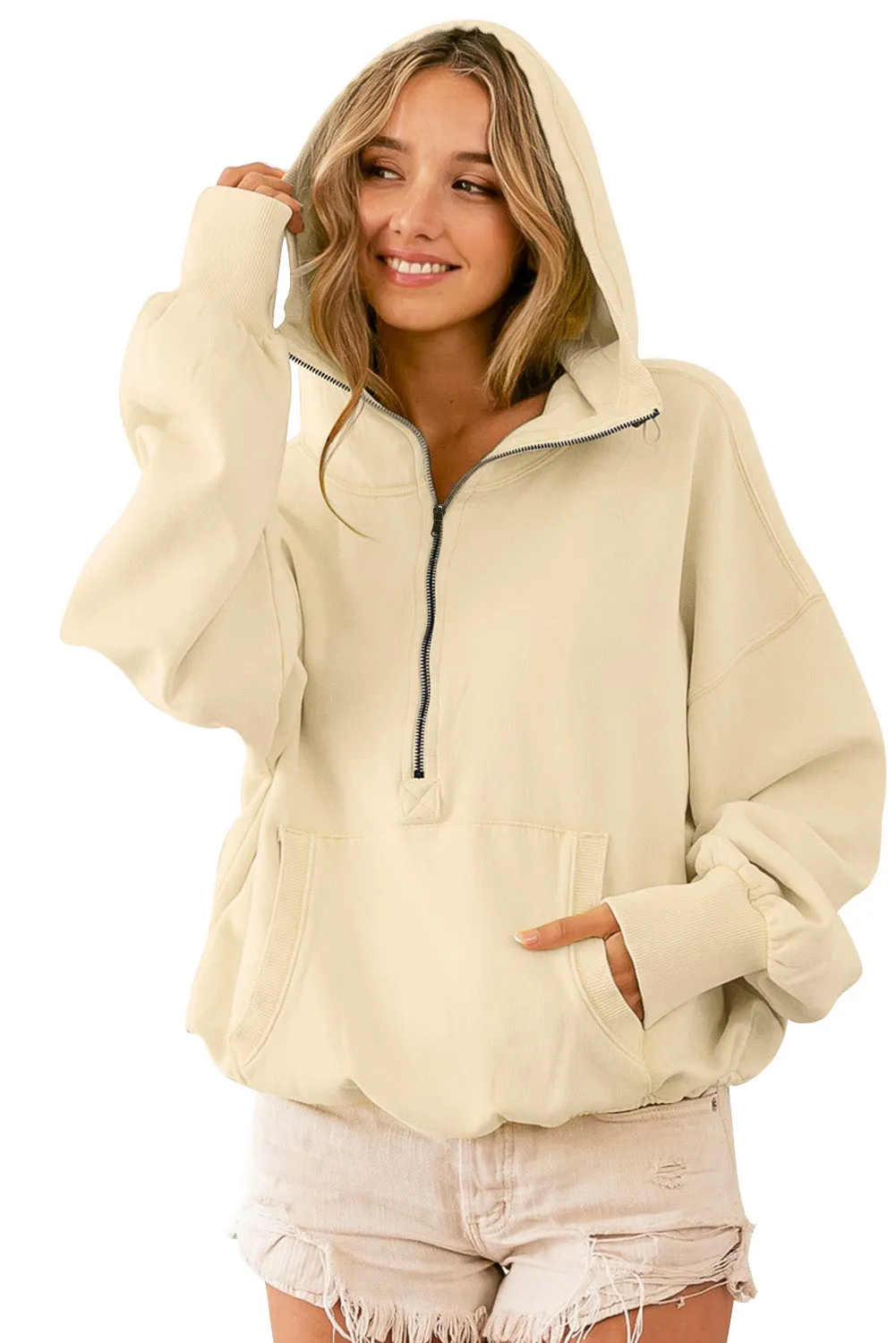 Solid Color Half Zip Pullover Hoodie with Kangaroo Pocket