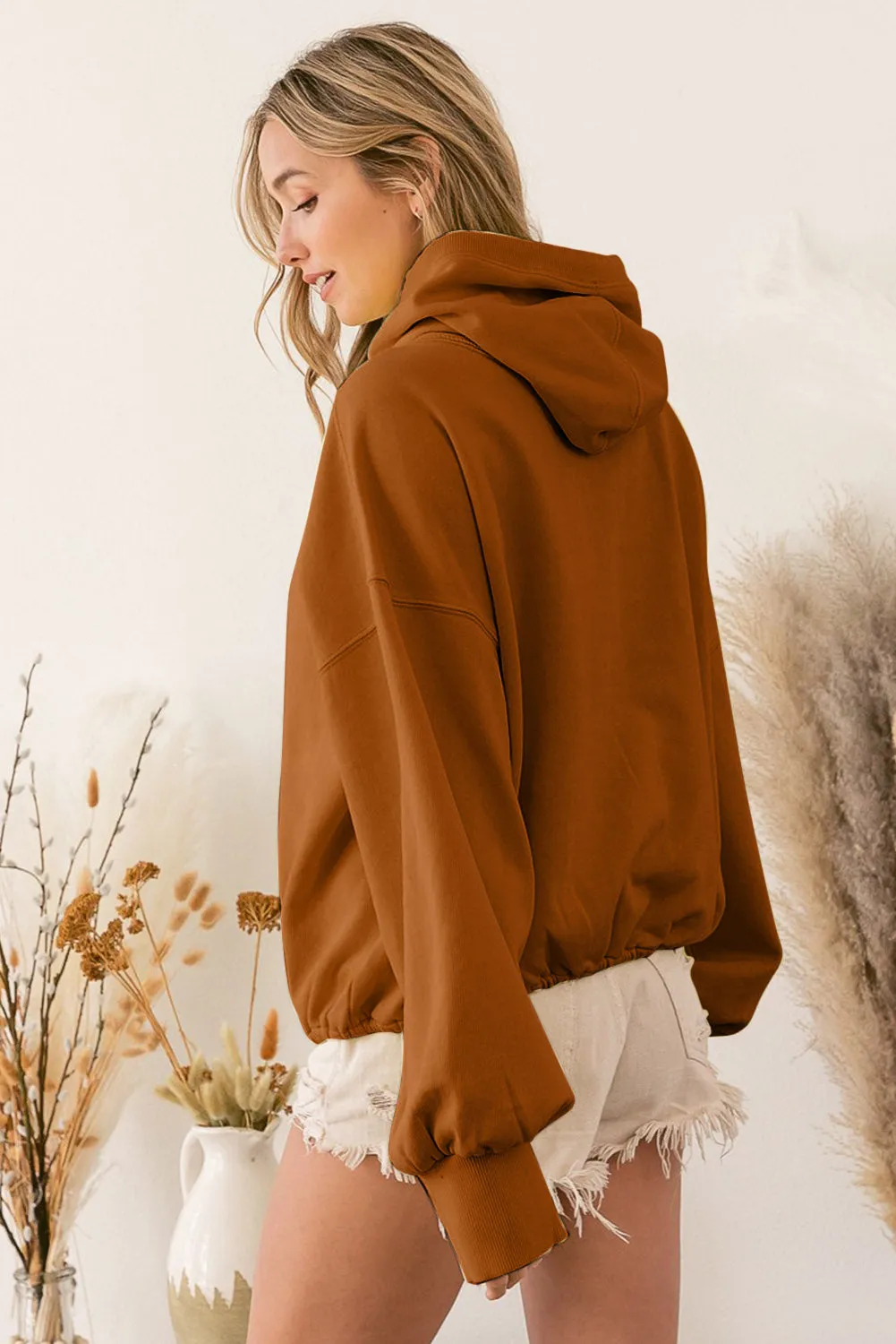 Solid Color Half Zip Pullover Hoodie with Kangaroo Pocket