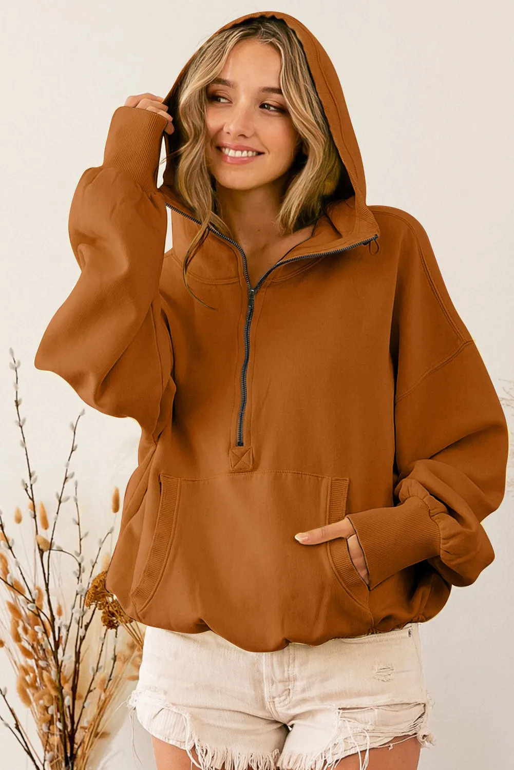 Solid Color Half Zip Pullover Hoodie with Kangaroo Pocket