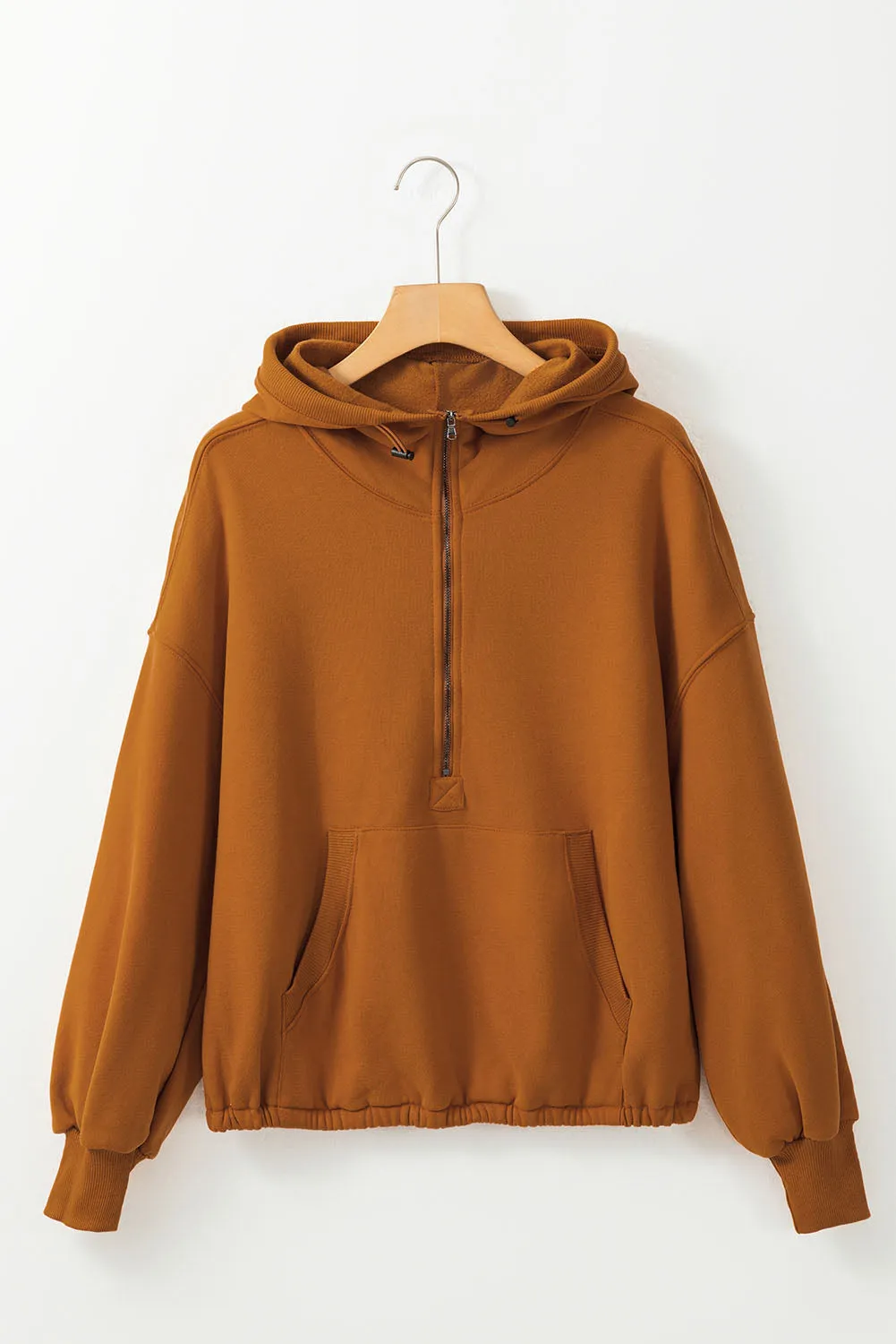 Solid Color Half Zip Pullover Hoodie with Kangaroo Pocket