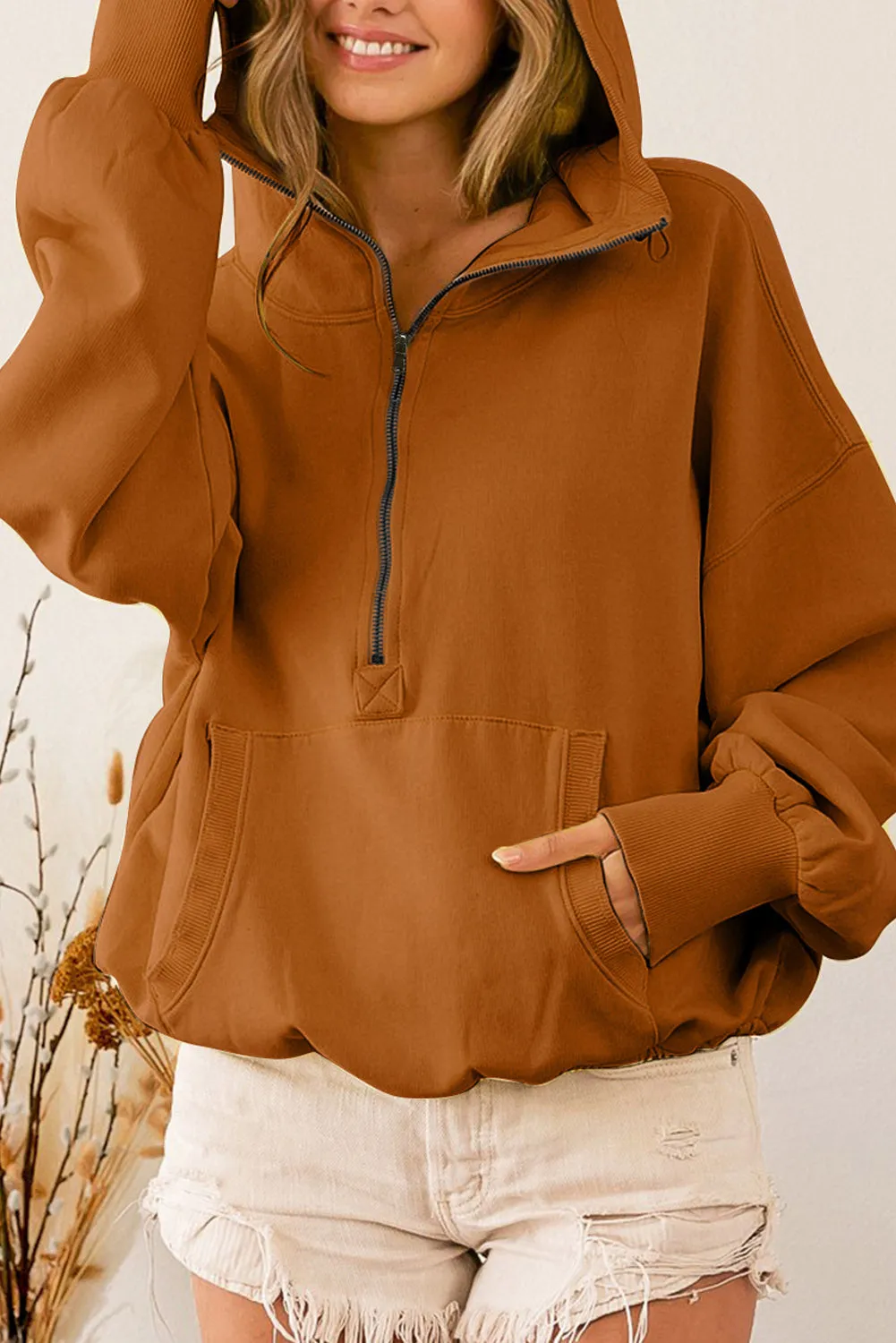 Solid Color Half Zip Pullover Hoodie with Kangaroo Pocket