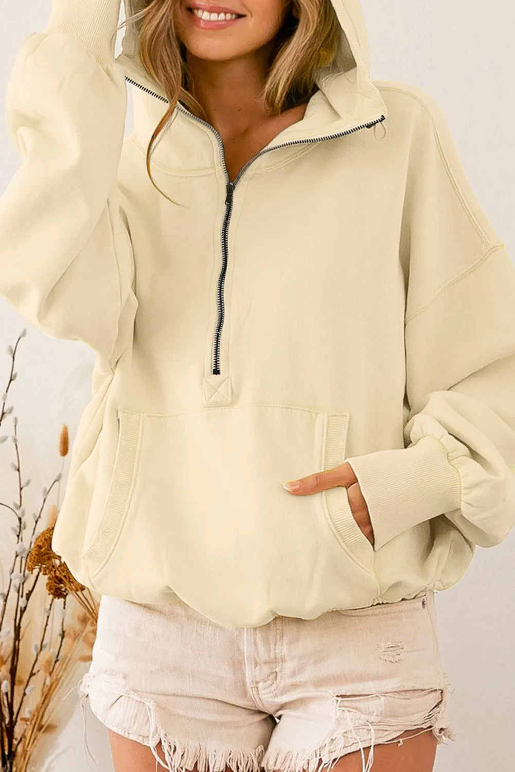 Solid Color Half Zip Pullover Hoodie with Kangaroo Pocket