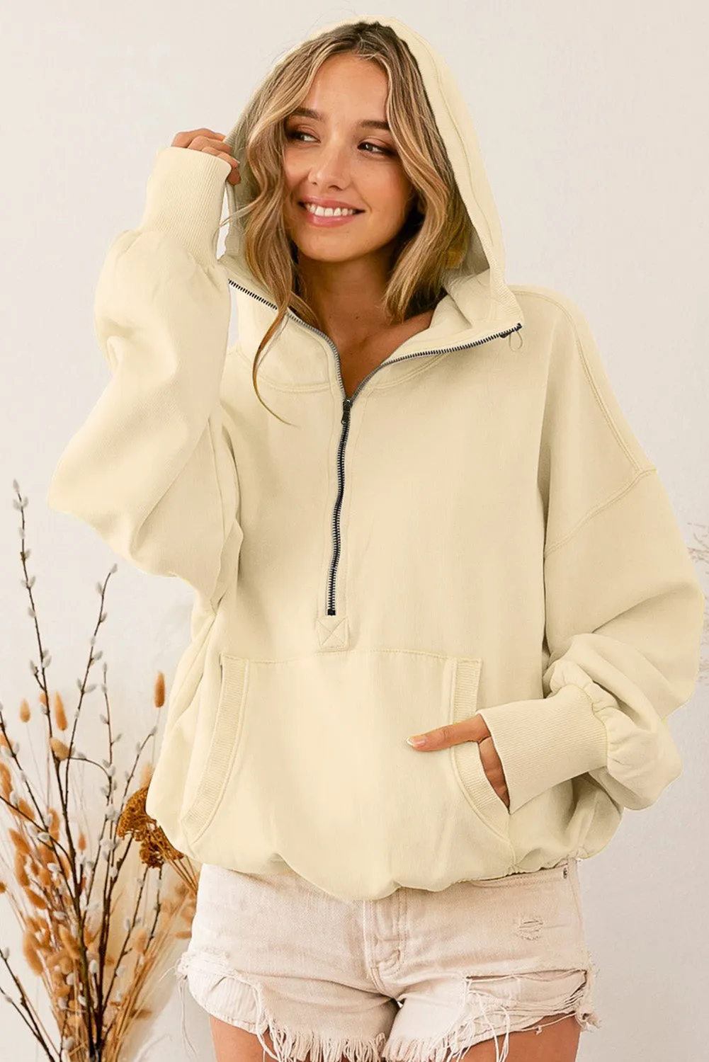 Solid Color Half Zip Pullover Hoodie with Kangaroo Pocket