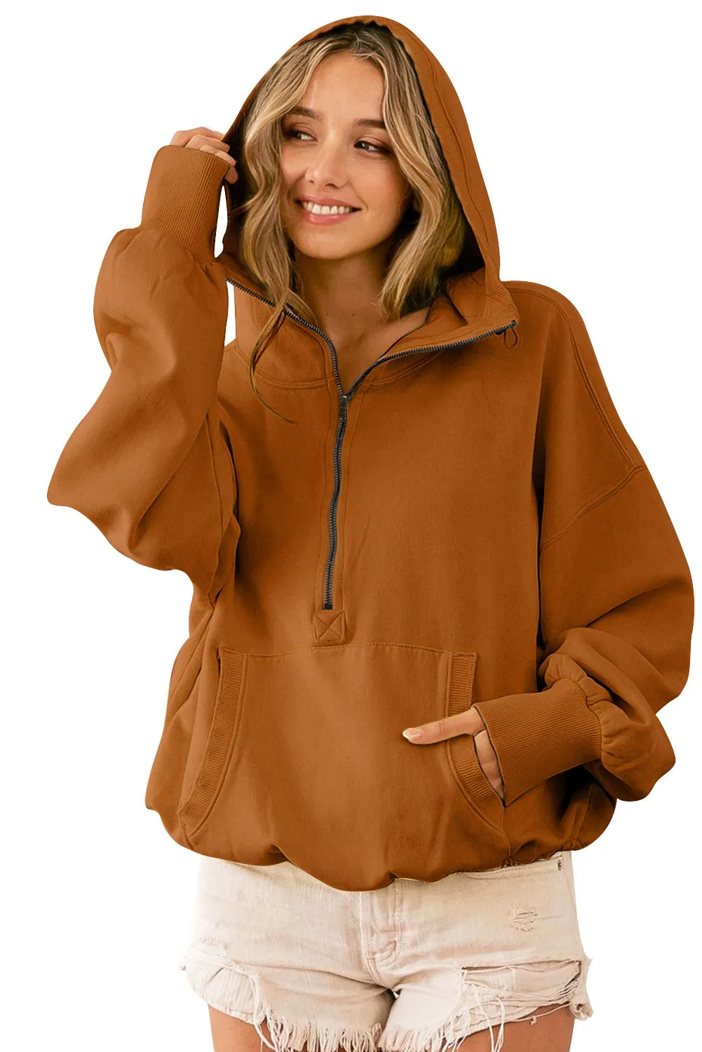 Solid Color Half Zip Pullover Hoodie with Kangaroo Pocket