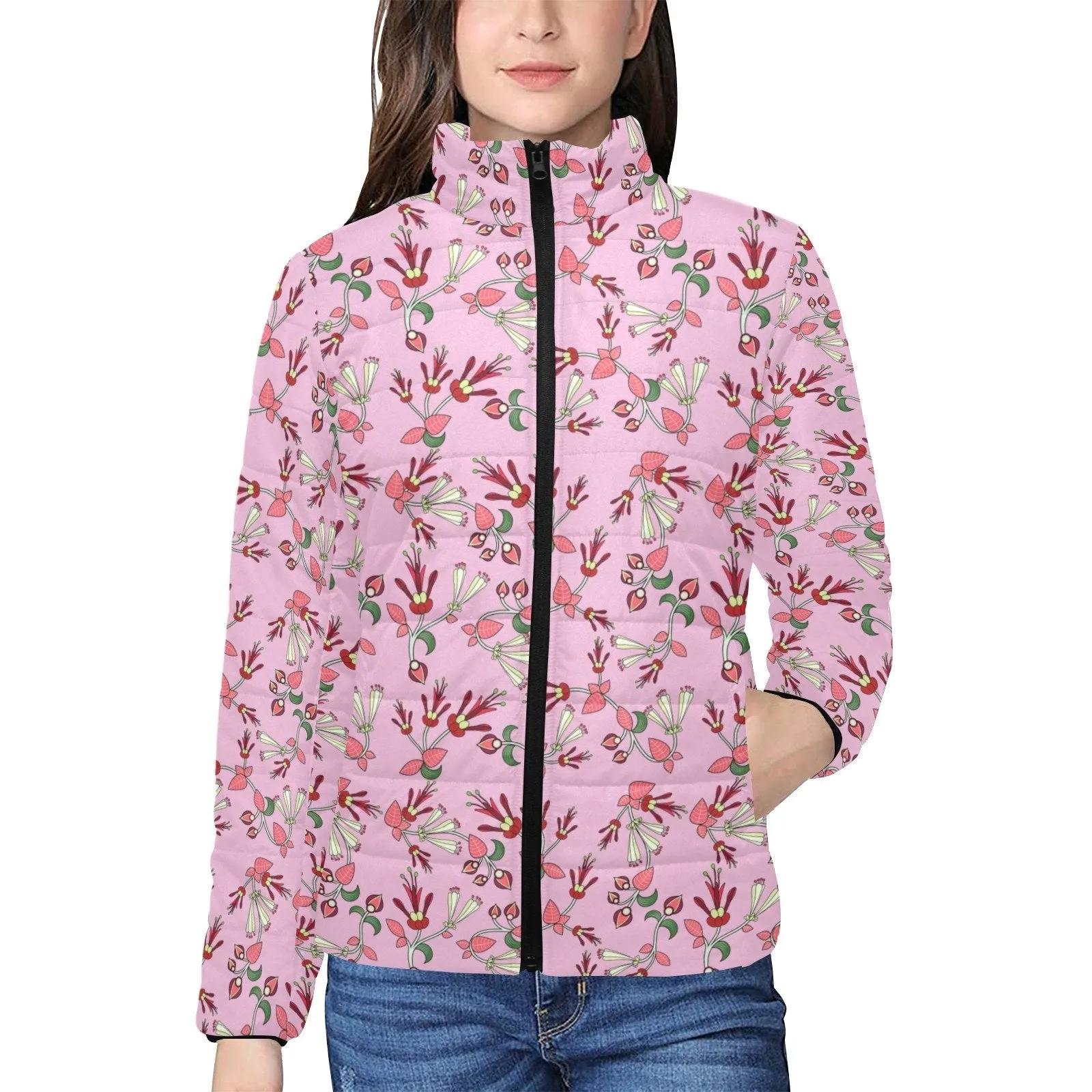 Strawberry Floral Women's Stand Collar Padded Jacket