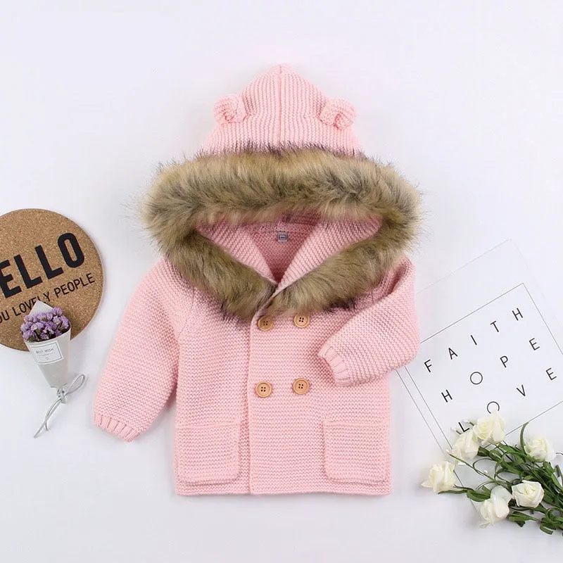 Sweater Coat, Fur Collar, 0-24M