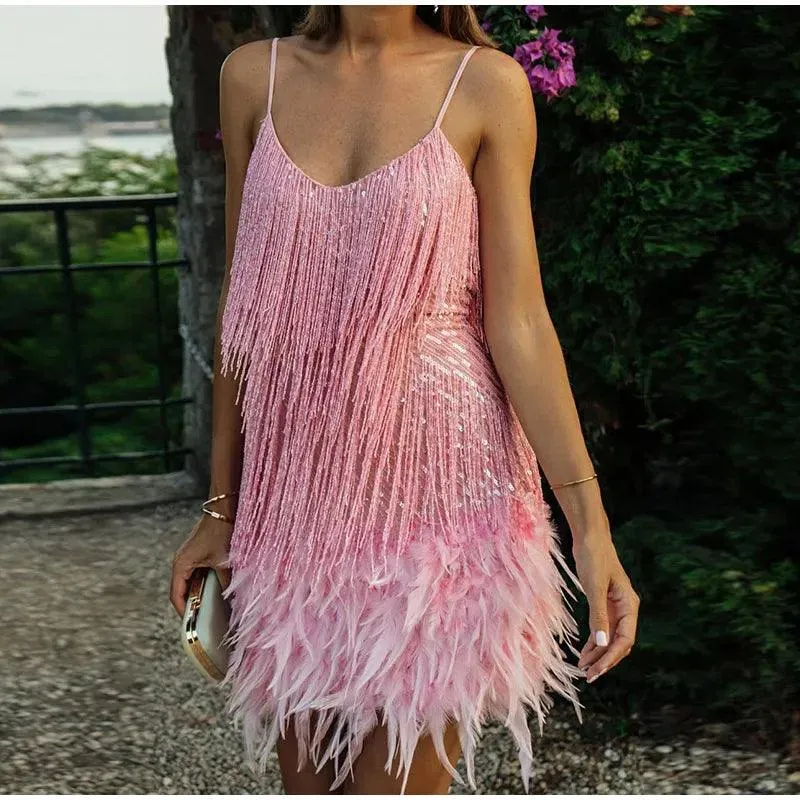 Tassel Sequins Feather Mini Dress: Elegant Clubwear & Party Outfit