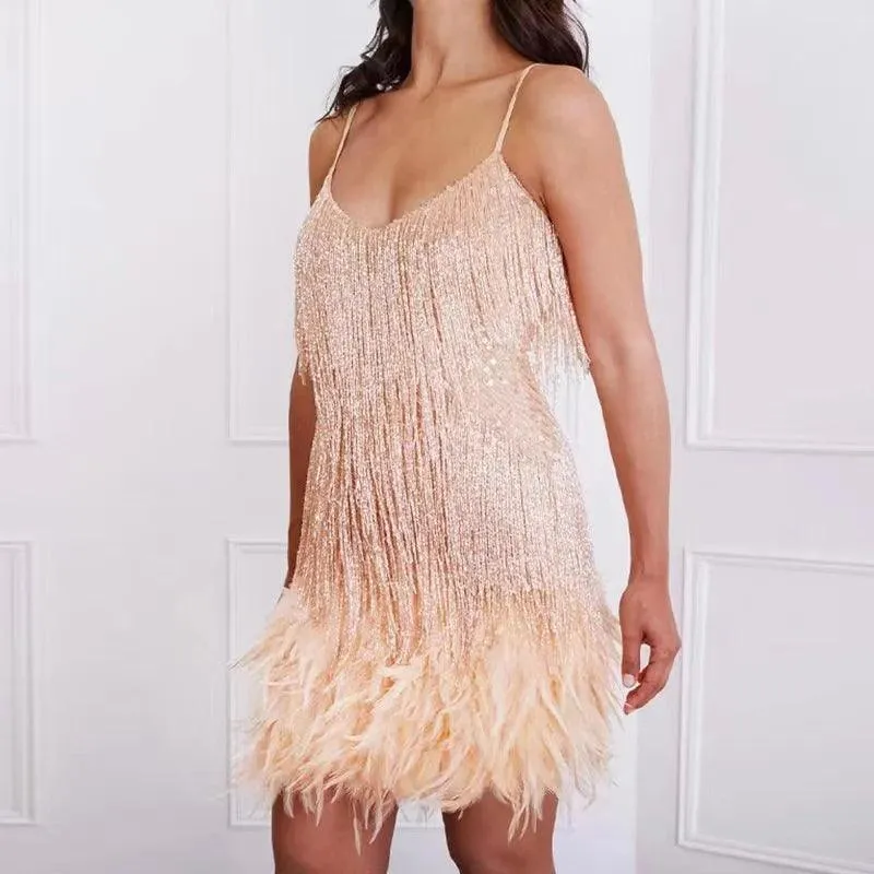 Tassel Sequins Feather Mini Dress: Elegant Clubwear & Party Outfit