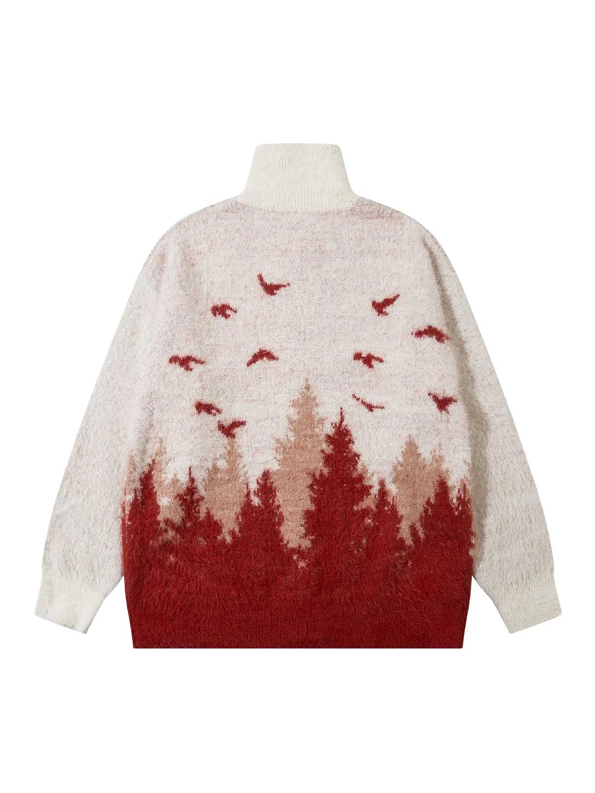 Thesupermade Faux Mink Fur Forest Bird High Collar Zipper Sweater