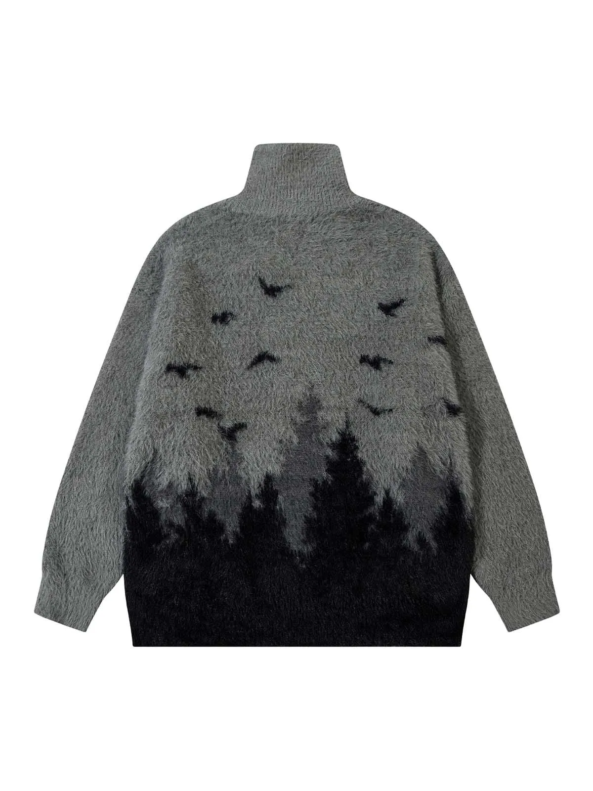 Thesupermade Faux Mink Fur Forest Bird High Collar Zipper Sweater