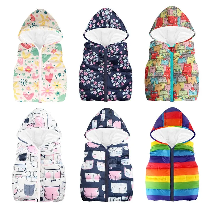 Trendy Autumn/Winter Warm Sleeveless Print Jackets With Hood For Kids