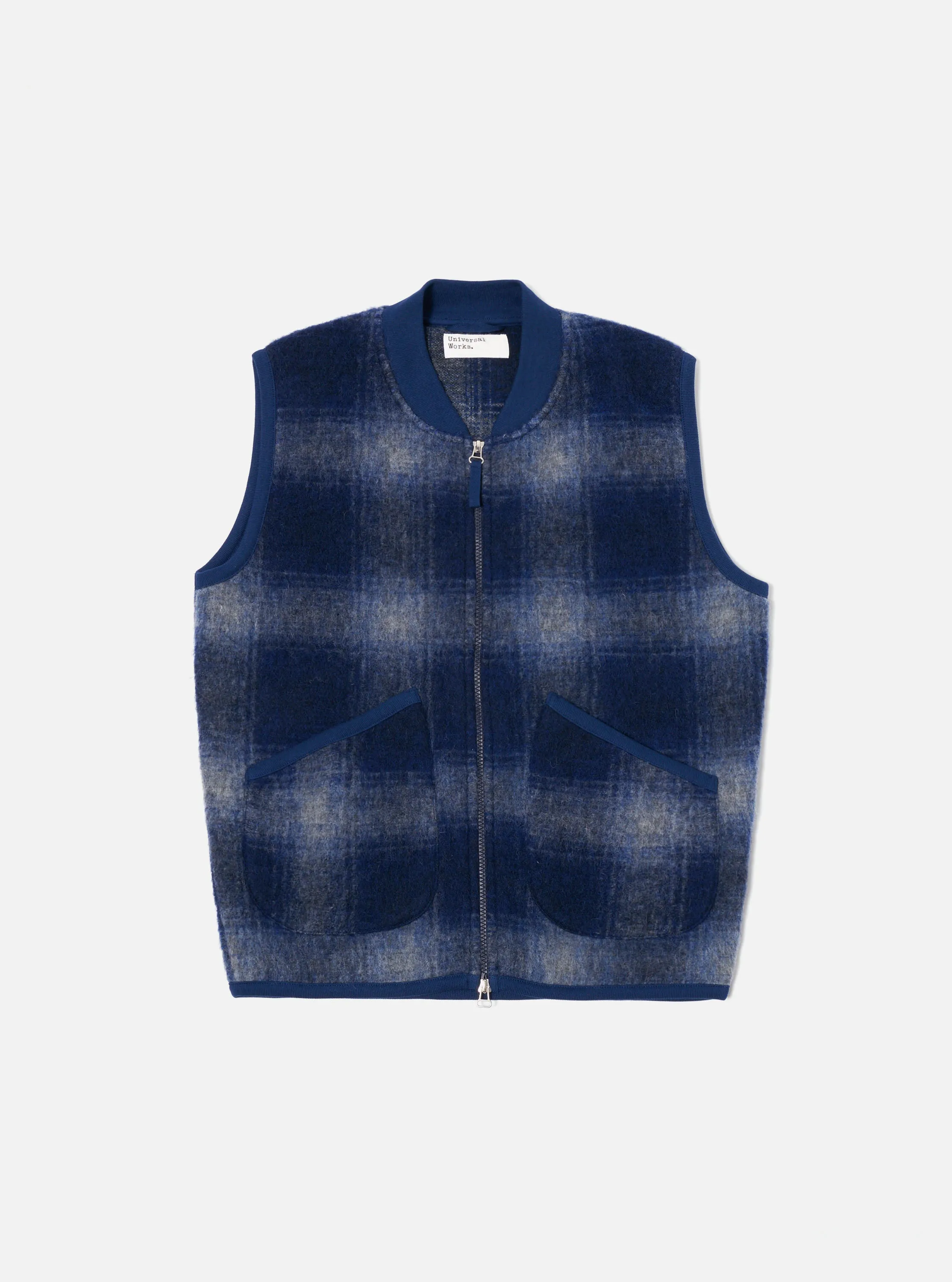 Universal Works Zip Waistcoat in Navy/Grey Fresco Fleece