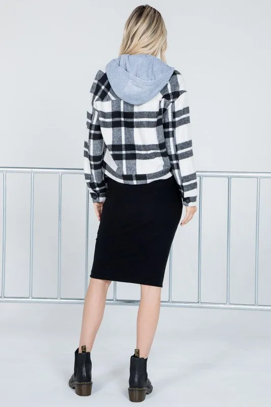 Versatile Plaid Cropped Shacket With Hood