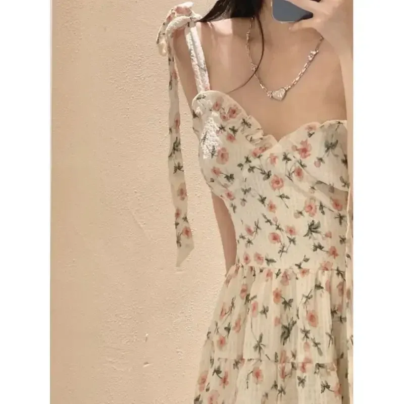 Vevesc Summer New Floral Pleated Slip Dress Off Shoulder Sleeveless Lacing Loose Printing Sweet Mini Dress Sexy Fashion Women Clothing