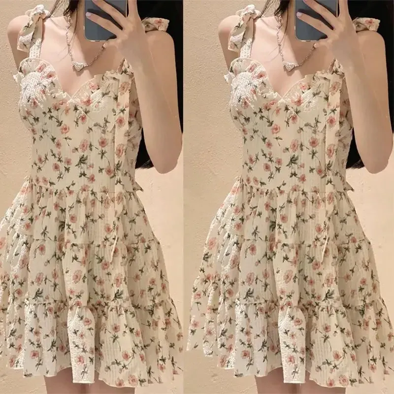 Vevesc Summer New Floral Pleated Slip Dress Off Shoulder Sleeveless Lacing Loose Printing Sweet Mini Dress Sexy Fashion Women Clothing