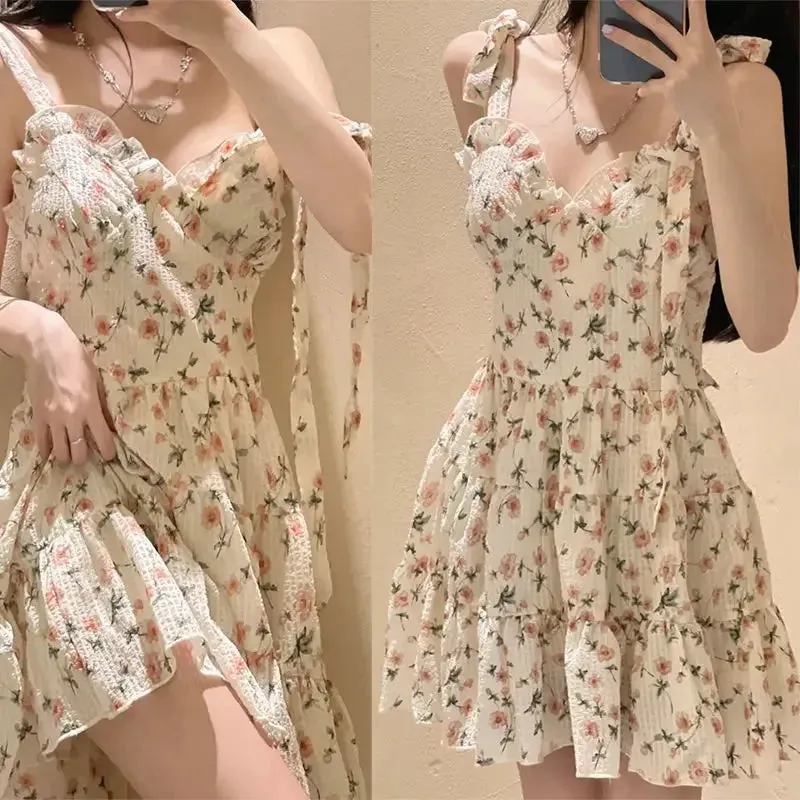 Vevesc Summer New Floral Pleated Slip Dress Off Shoulder Sleeveless Lacing Loose Printing Sweet Mini Dress Sexy Fashion Women Clothing