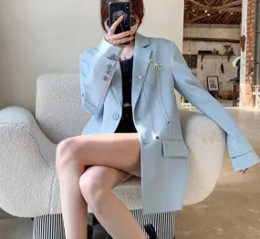 Wjczt Women's England Style Loose Blazer Spring Autumn Korean Fashion Casual Blue Suit Jacket Office Lady Graceful Black Work Coats