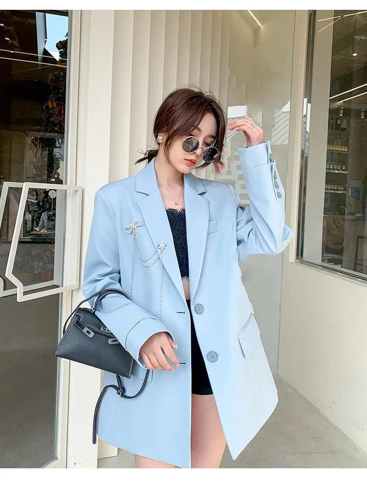 Wjczt Women's England Style Loose Blazer Spring Autumn Korean Fashion Casual Blue Suit Jacket Office Lady Graceful Black Work Coats