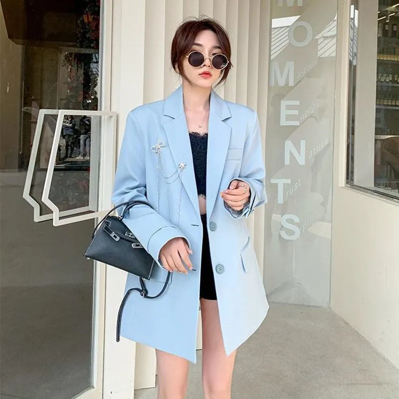 Wjczt Women's England Style Loose Blazer Spring Autumn Korean Fashion Casual Blue Suit Jacket Office Lady Graceful Black Work Coats