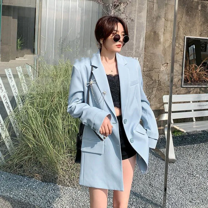 Wjczt Women's England Style Loose Blazer Spring Autumn Korean Fashion Casual Blue Suit Jacket Office Lady Graceful Black Work Coats