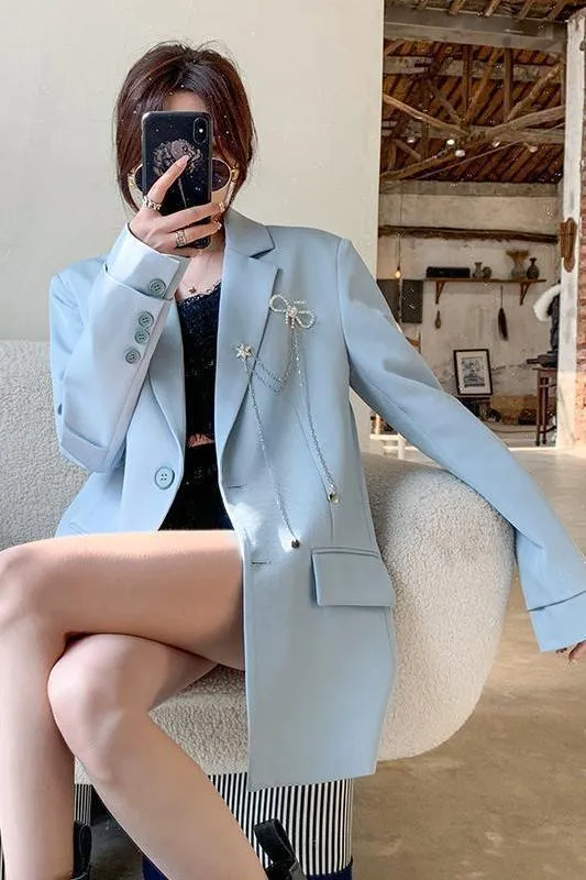 Wjczt Women's England Style Loose Blazer Spring Autumn Korean Fashion Casual Blue Suit Jacket Office Lady Graceful Black Work Coats