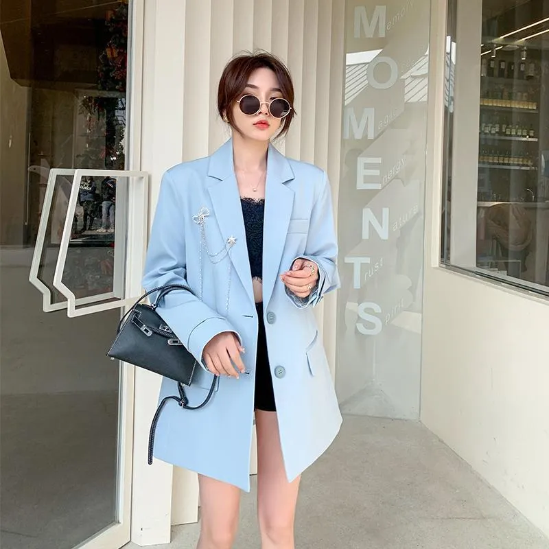 Wjczt Women's England Style Loose Blazer Spring Autumn Korean Fashion Casual Blue Suit Jacket Office Lady Graceful Black Work Coats