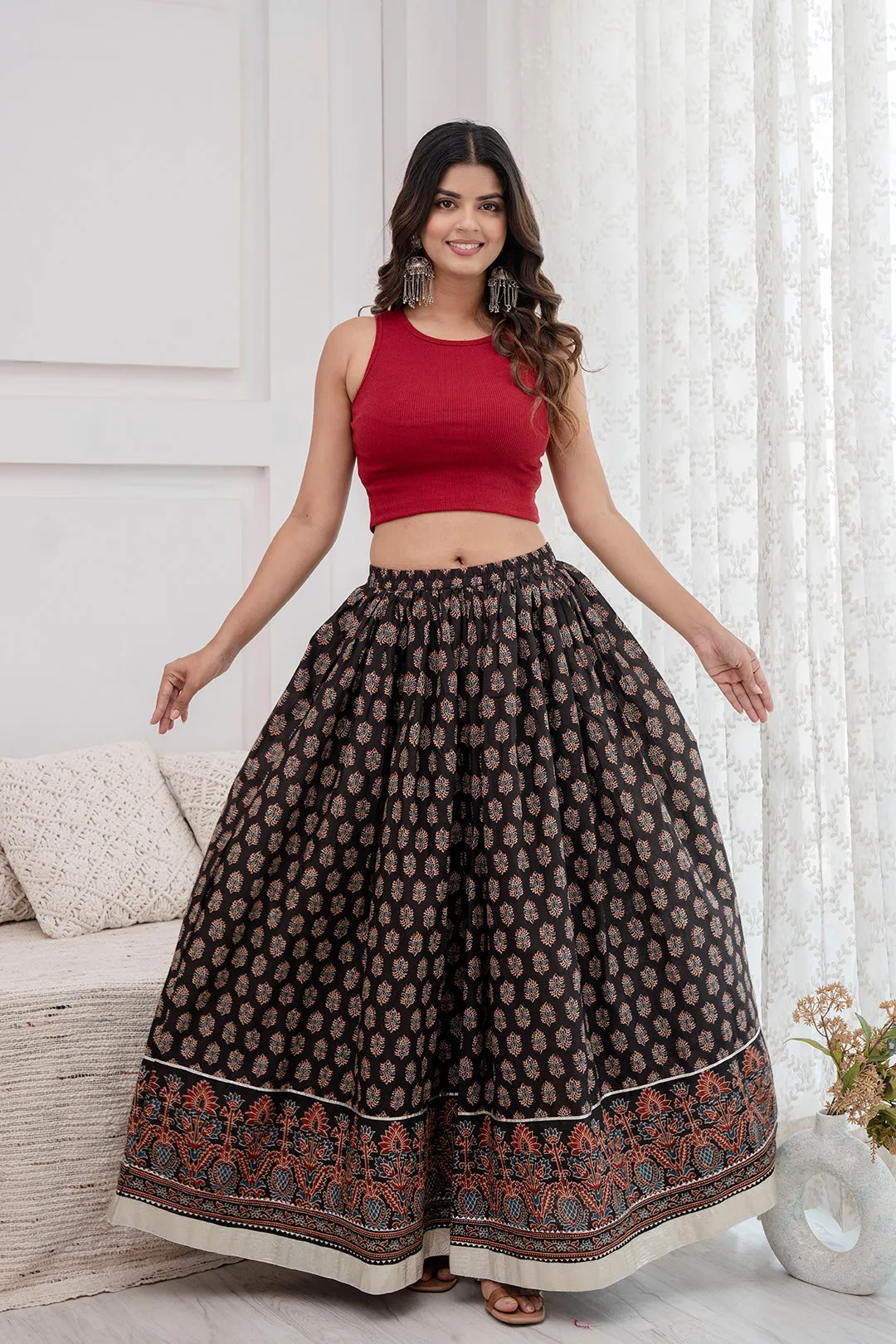 Women Black Ethnic Printed Gotta Patti Work Skirt