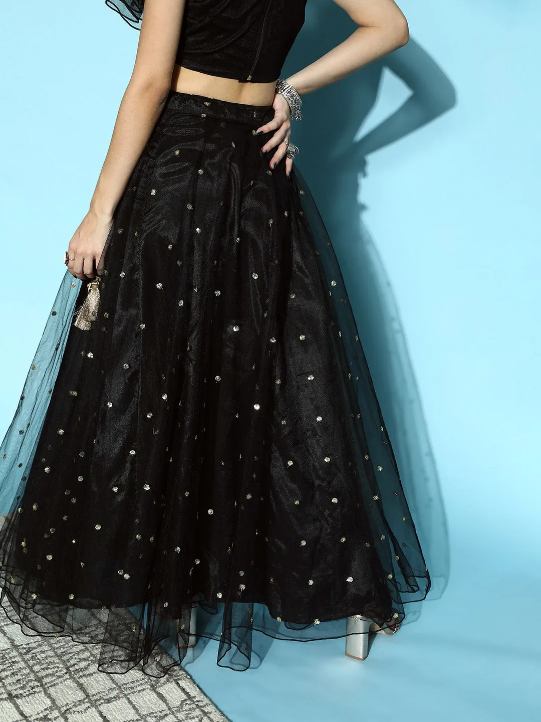 Women Black Tulle Sequin Flared Skirt