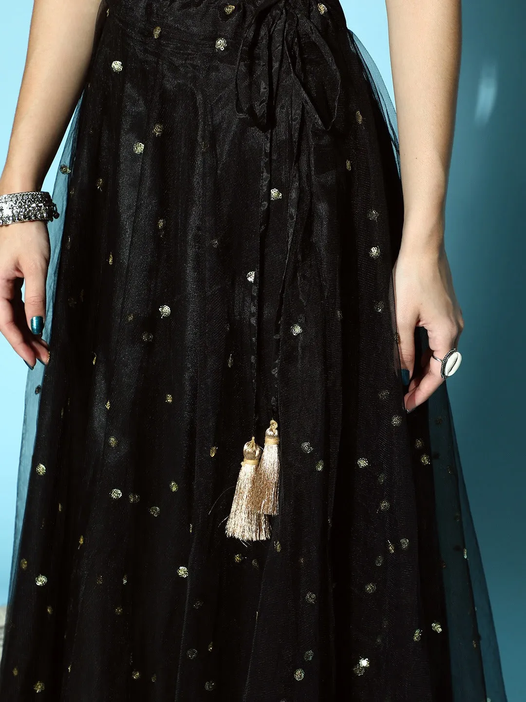 Women Black Tulle Sequin Flared Skirt