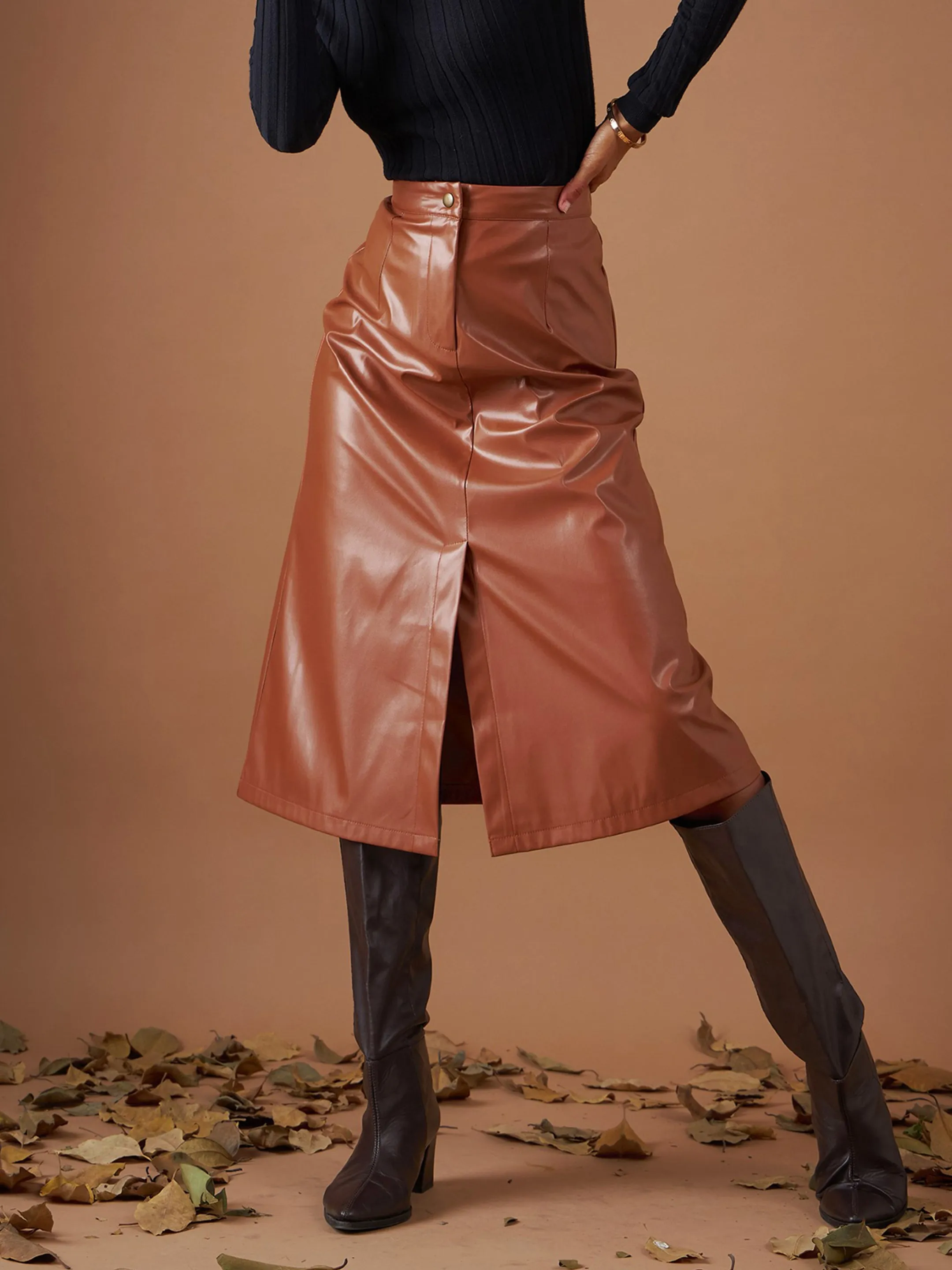 Women Brown PU A-Line Below Knee Skirt