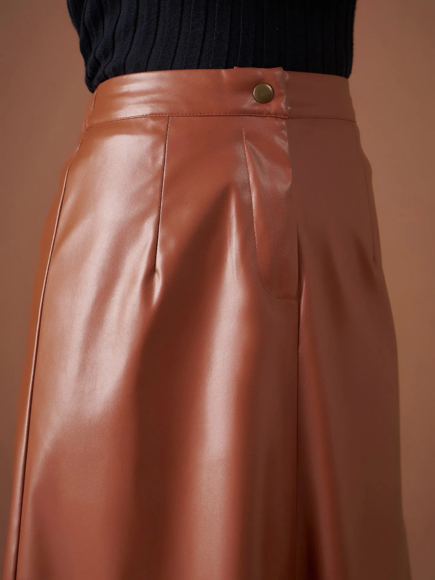 Women Brown PU A-Line Below Knee Skirt