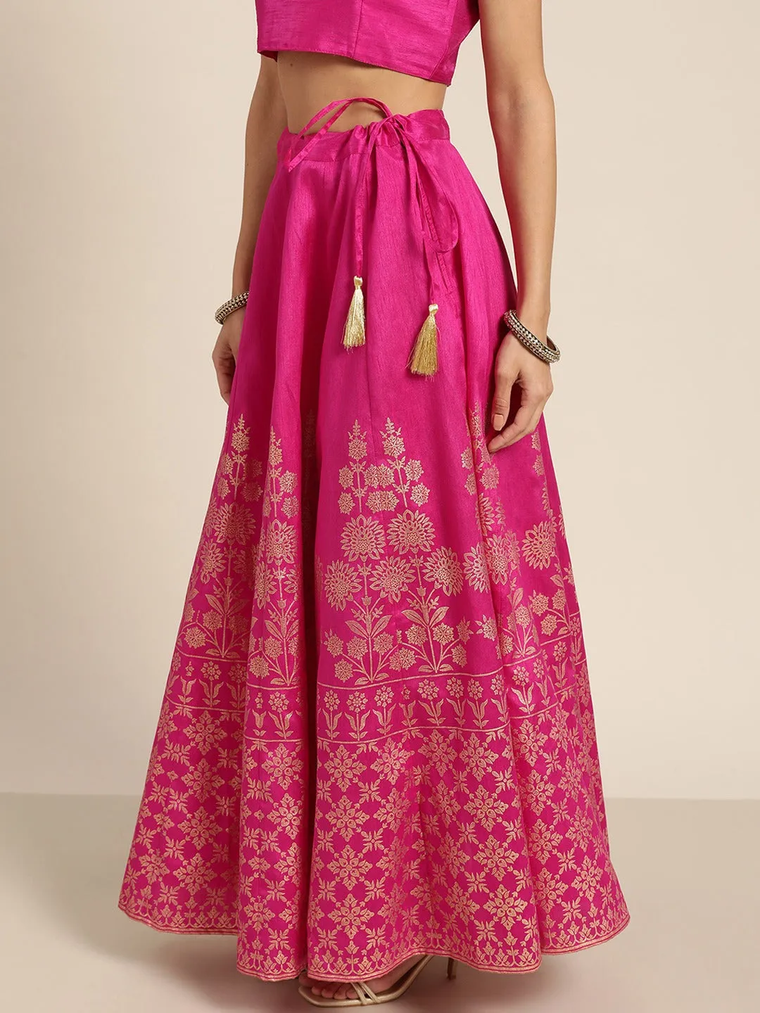 Women Fuchsia Foil Print Anarkali Skirt