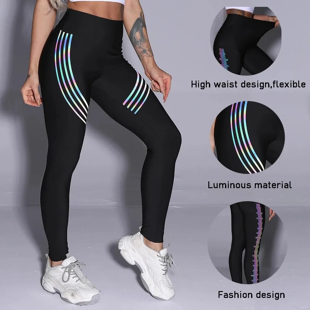 Women's Casual Slim Iridescent Reflective Material Printed Fitness Leggings Slim Stretch Elastic Glow in Dark Pants Trousers