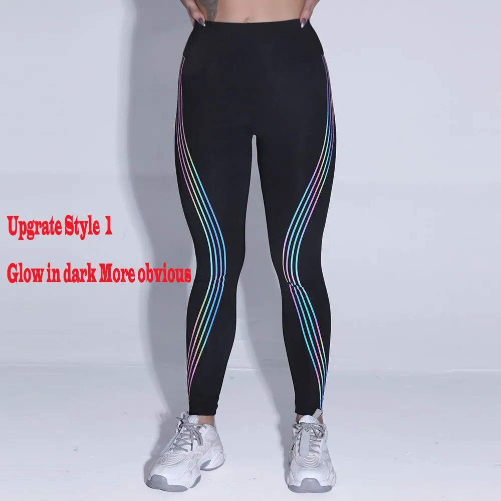 Women's Casual Slim Iridescent Reflective Material Printed Fitness Leggings Slim Stretch Elastic Glow in Dark Pants Trousers