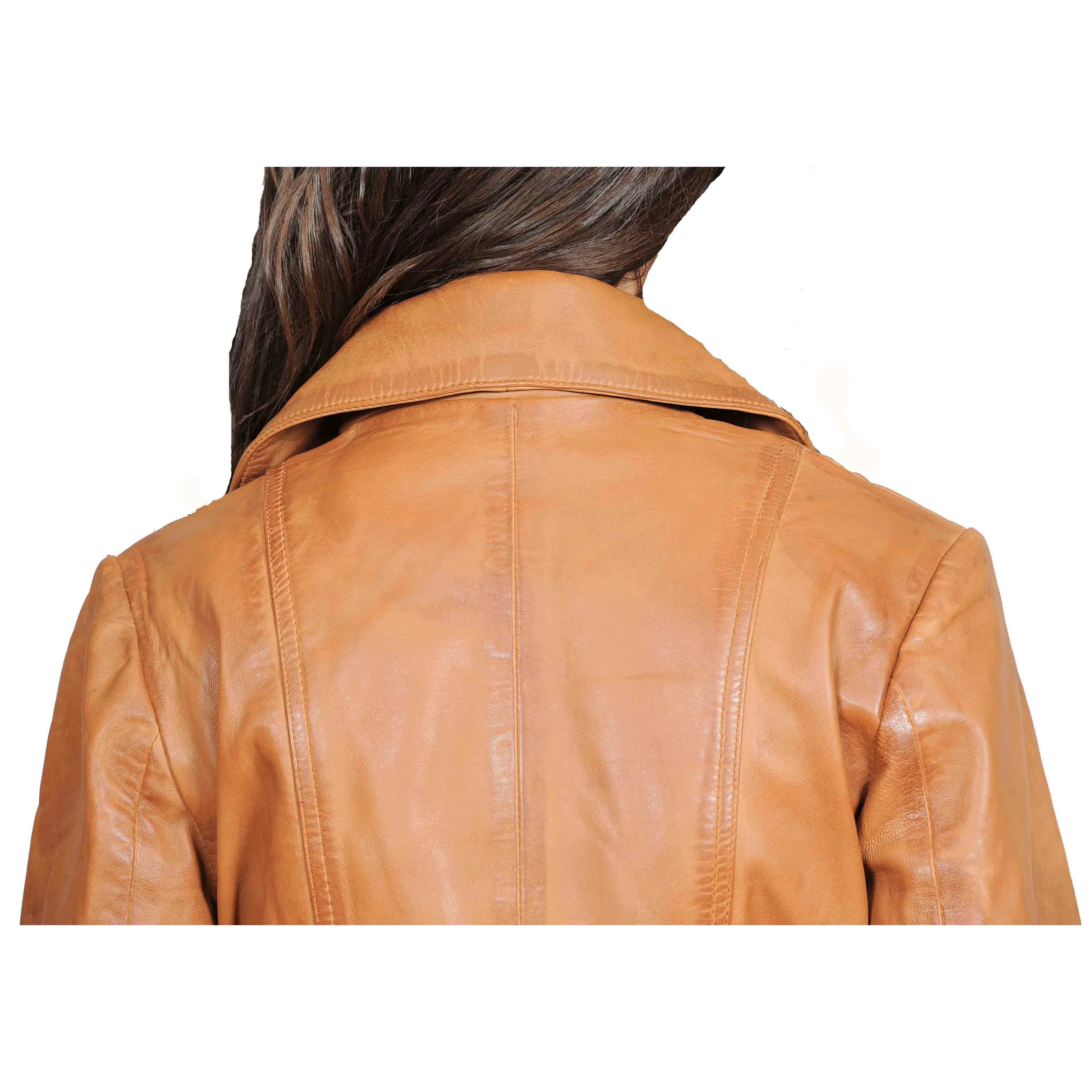 Womens Fitted Mid Length Biker Leather Jacket Hannah Tan