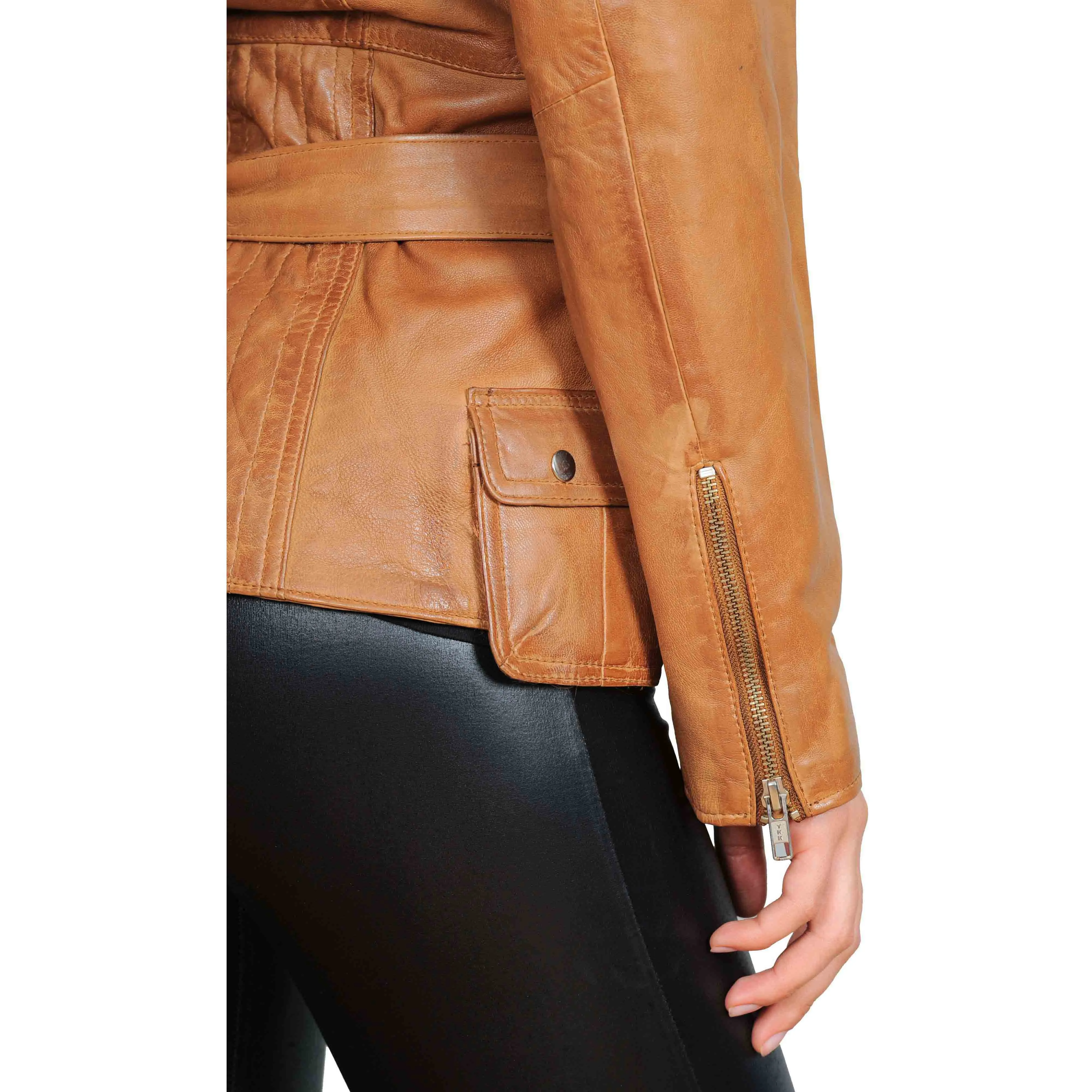 Womens Fitted Mid Length Biker Leather Jacket Hannah Tan