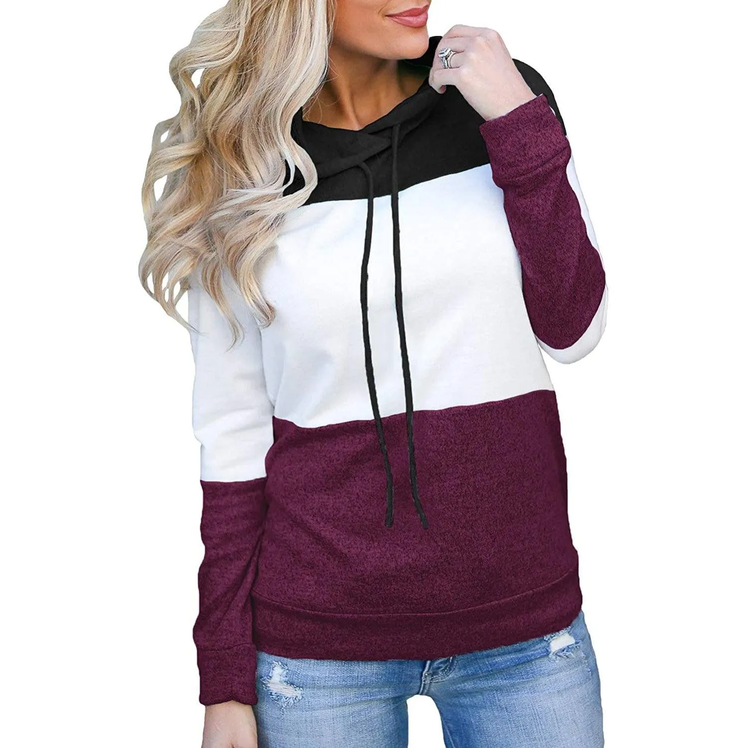 Women's Pullover Long Sleeve Fall Hoodies Color Block Tunics Loose Casual Sweatshirts