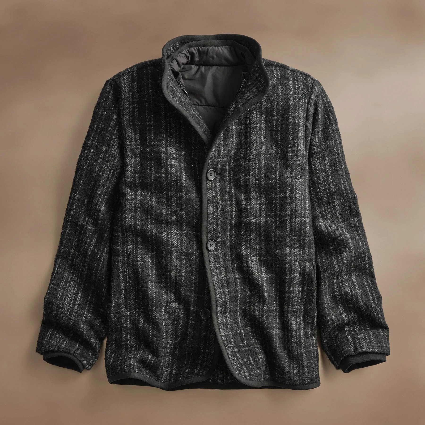 Wool Blend Plaid Car Coat - Black/Grey Plaid