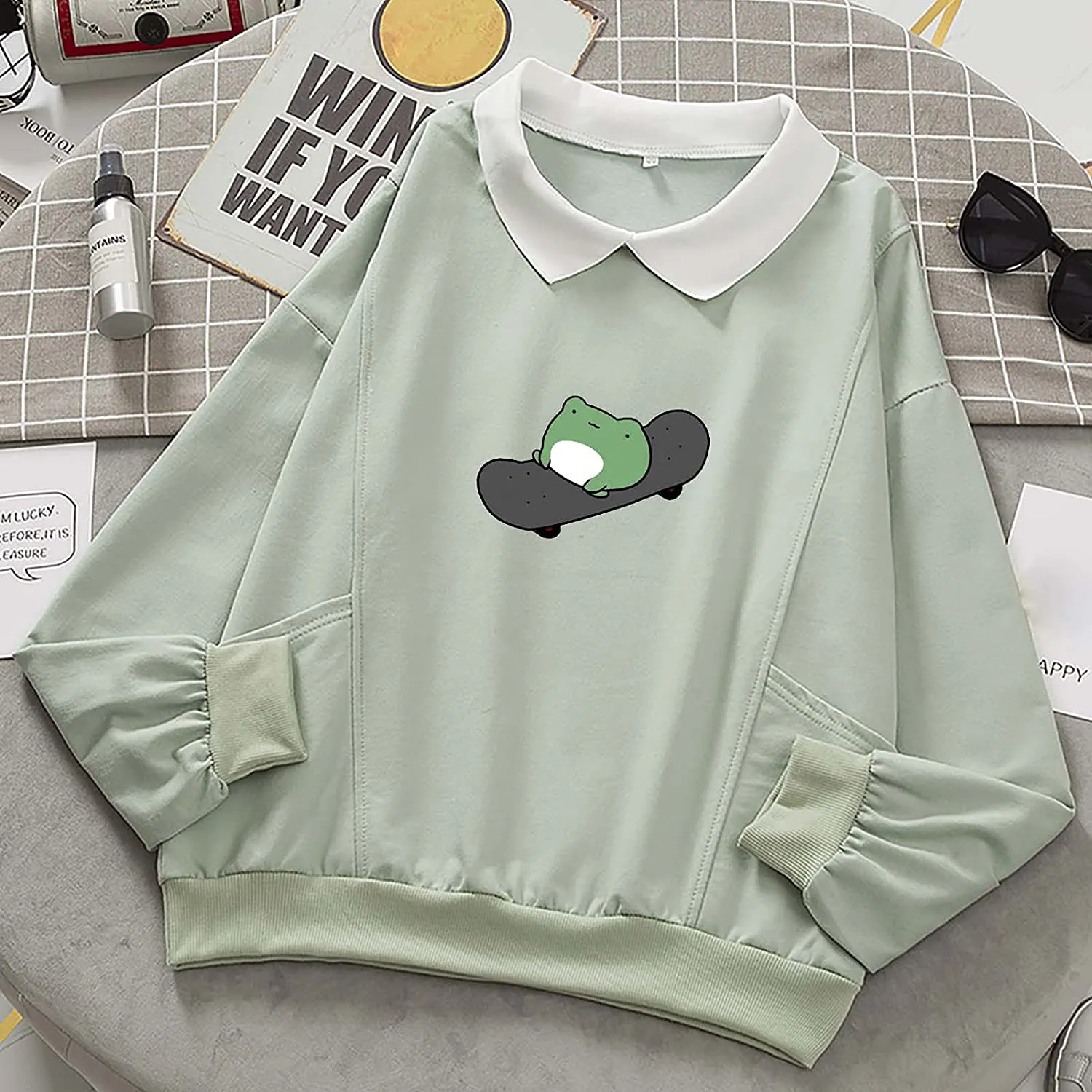 Wrenpies Frog Skateboarding Sweatshirt with Collar Hoodie Cotton Pullover Aesthetic Hoodies for Teen Girls Top Kawaii Clothes