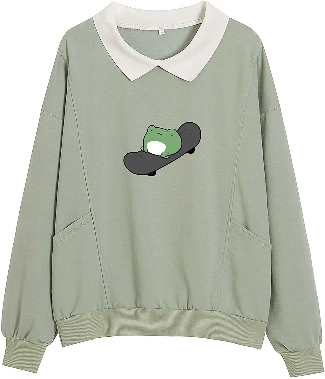 Wrenpies Frog Skateboarding Sweatshirt with Collar Hoodie Cotton Pullover Aesthetic Hoodies for Teen Girls Top Kawaii Clothes