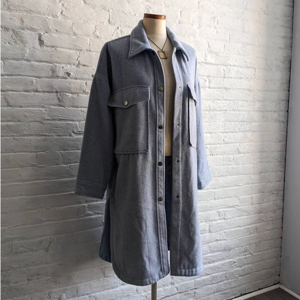 ZARA Pastel Blue Wool Shacket Oversize Long Minimalist Trench Duster Chore Coat